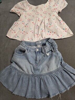 Cat & Jack White Top with Multicolor Heart paired with denim skirt